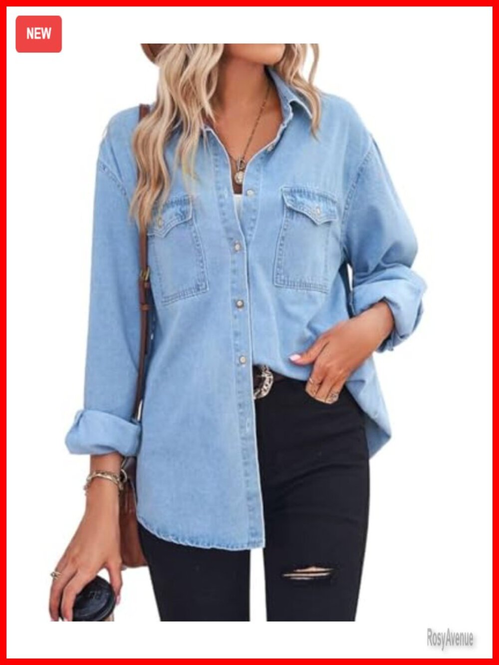 Womens Oversized Denim Button Down Shirt Long Sleeve Loose Fit Jean Top